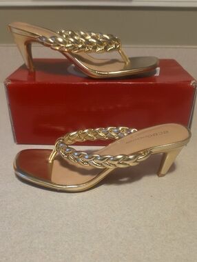 BCBGeneration Tulani Gold Braided Thong Heeled Sandals